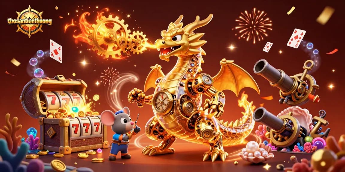 Engage with thosantienthuong’s thrilling gameplay featuring interactive golden dragon, slot reels, and vibrant treasures.