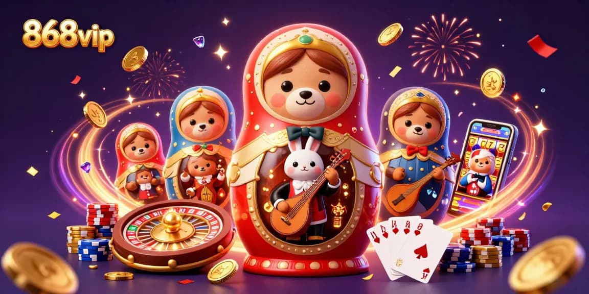 Engage with 868vip through thrilling casino gaming illustrated by vibrant 3D characters and sparkling elements.