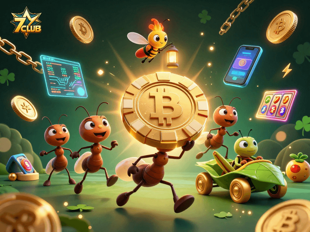 Enjoy thrilling casino action with 7CLUB as ants carry oversized poker chips in a vibrant scene.