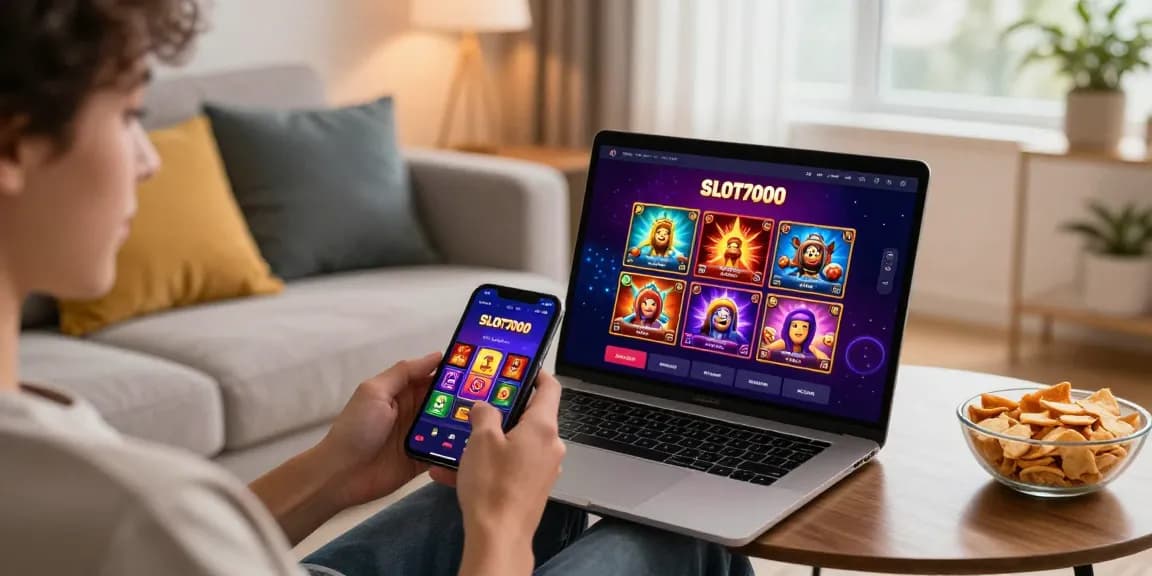 Exciting player engaging with SLOT7000 mobile platform at home, showcasing vibrant gaming experience.