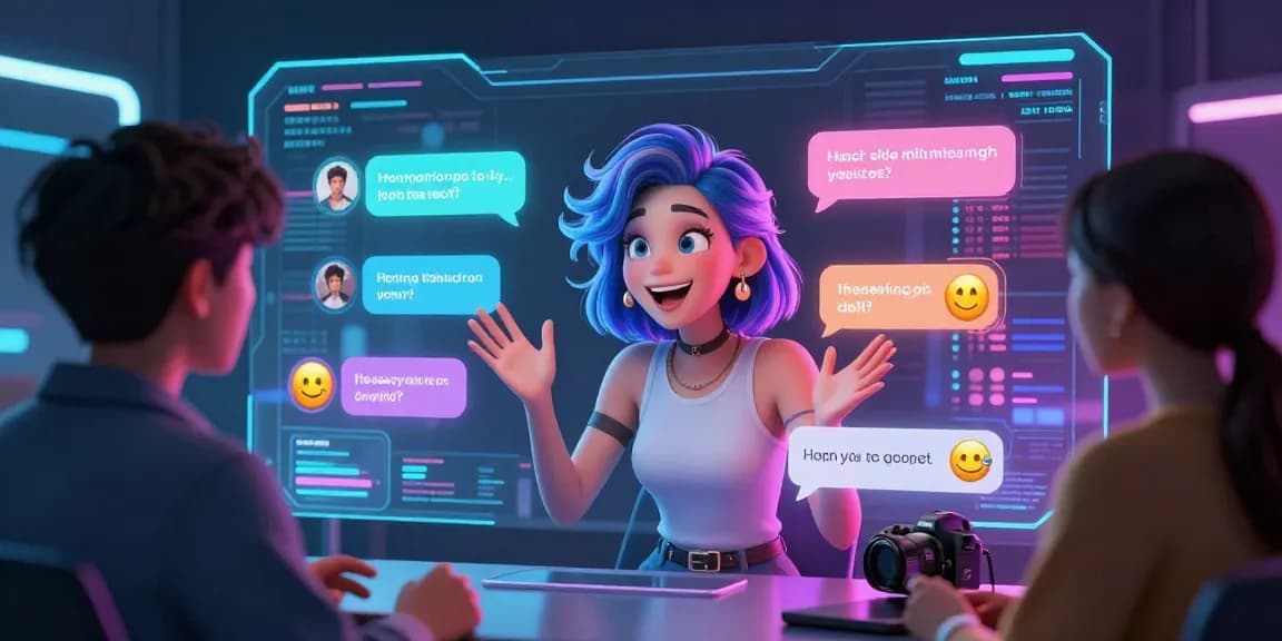 Engaging AI slut character in dynamic chat environment, vivid holographic dialogues, and playful interaction.