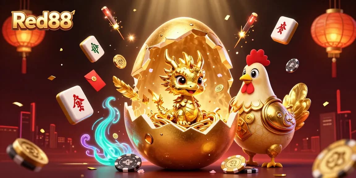 Engage in exciting gaming at Red88 with a golden dragon and poker chips in a vibrant casino setting.