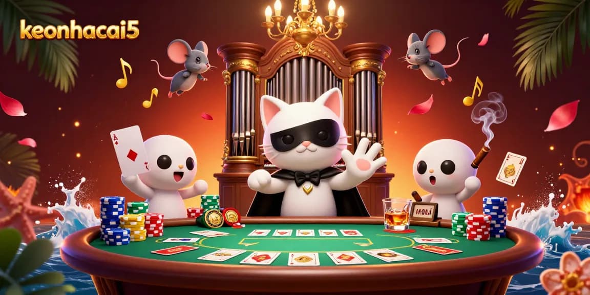 Celebrate fortune with keonhacai5 at an animated casino scene full of poker chips and acrobatic fun!