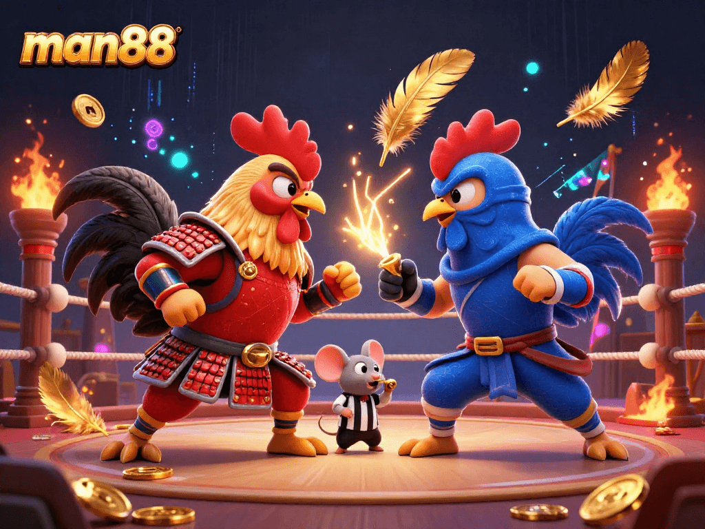 Watch the epic man88 showdown of cartoon fighting roosters in an electrifying arena, featuring golden feathers and dynamic elements.