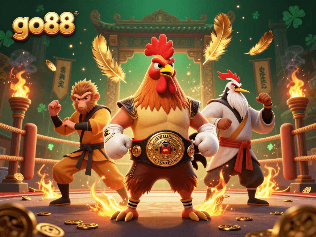 Engage with go88's vibrant 3D casino scene featuring martial artists and gold tokens.