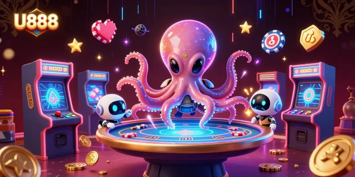 U888 challenges players with an exciting poker scene featuring a cartoon alien octopus and a tiny robot