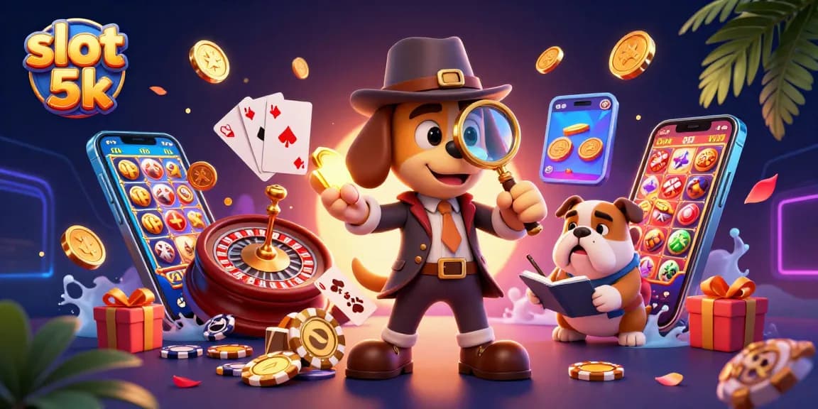 Experience thrilling gameplay with slot 5k, as the detective investigates golden poker chip clues amidst a vibrant casino environment.