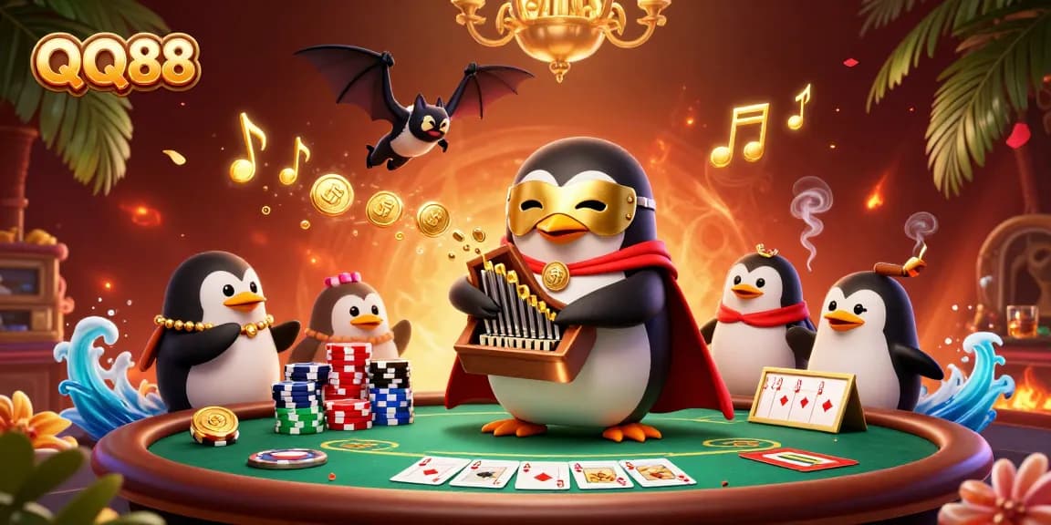 Experience QQ88's excitement with a vibrant casino scene featuring a whimsical penguin and rich poker elements.