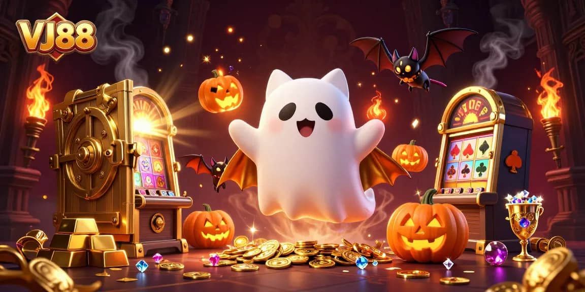 Experience the excitement of VJ88 with a haunted casino scene featuring a ghost cat and treasures.