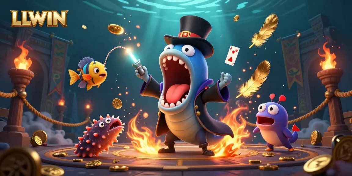 LLWIN showcases a deep-sea gulper eel magician performing thrilling card tricks among underwater casino elements.