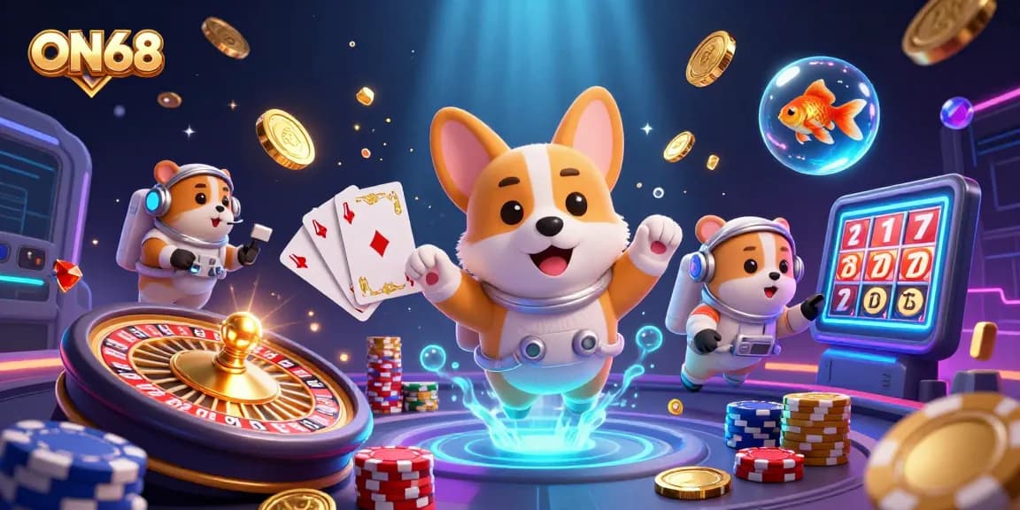 Experience captivating gaming action at ON68 with this vibrant 3D illustration featuring a corgi and unique casino elements.