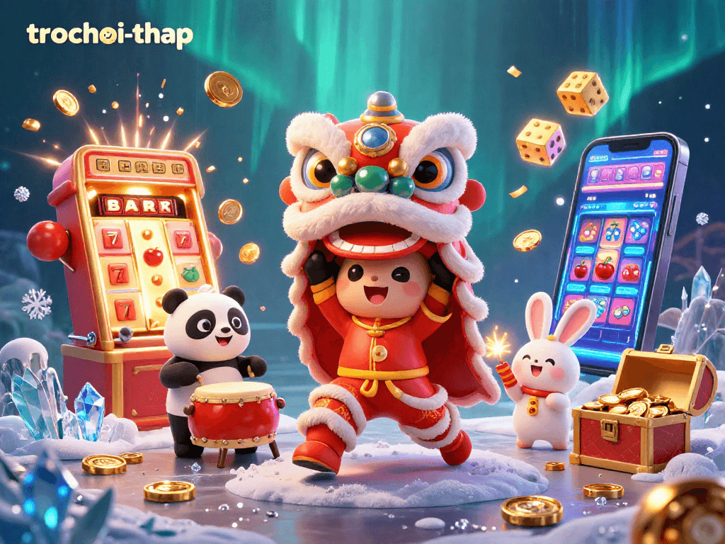 Engage with trochoi-thap in an exciting 3D lion dance scene filled with vibrant casino elements.