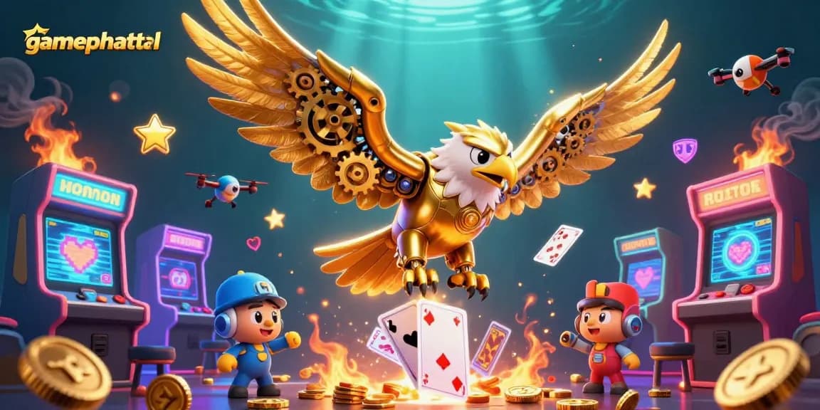 Play gamephattai to experience thrilling dives with golden eagle amidst holographic cards.