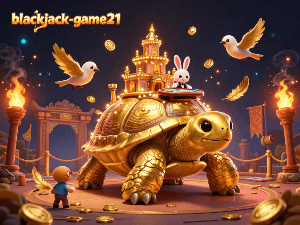 Win big with blackjack-game21 as colorful birds deliver golden coins amid a thrilling casino scene.