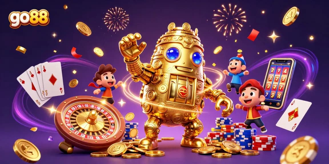Experience go 88 excitement with a golden golem and casino elements in this vibrant 3D illustration.