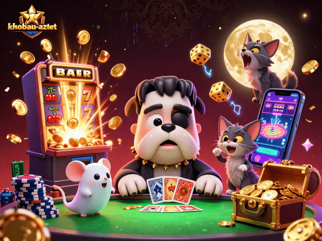Engage in khobau-aztec gaming excitement with a 3D cartoon illustration featuring whimsical casino characters.