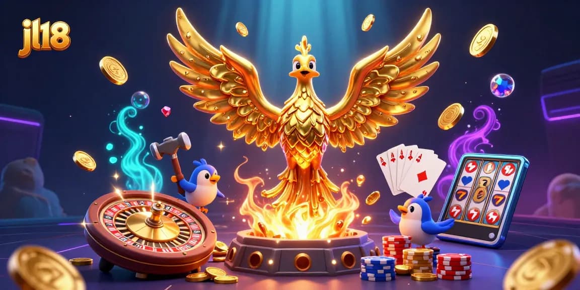 Spin the reels and win at jl18, featuring a golden phoenix surrounded by dynamic gaming elements.