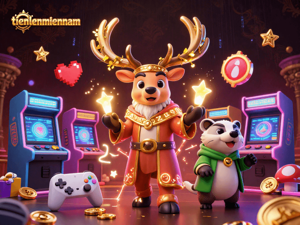 Engage in dynamic gameplay with tienlenmiennam featuring spirited characters and arcade elements in a rich casino setting.