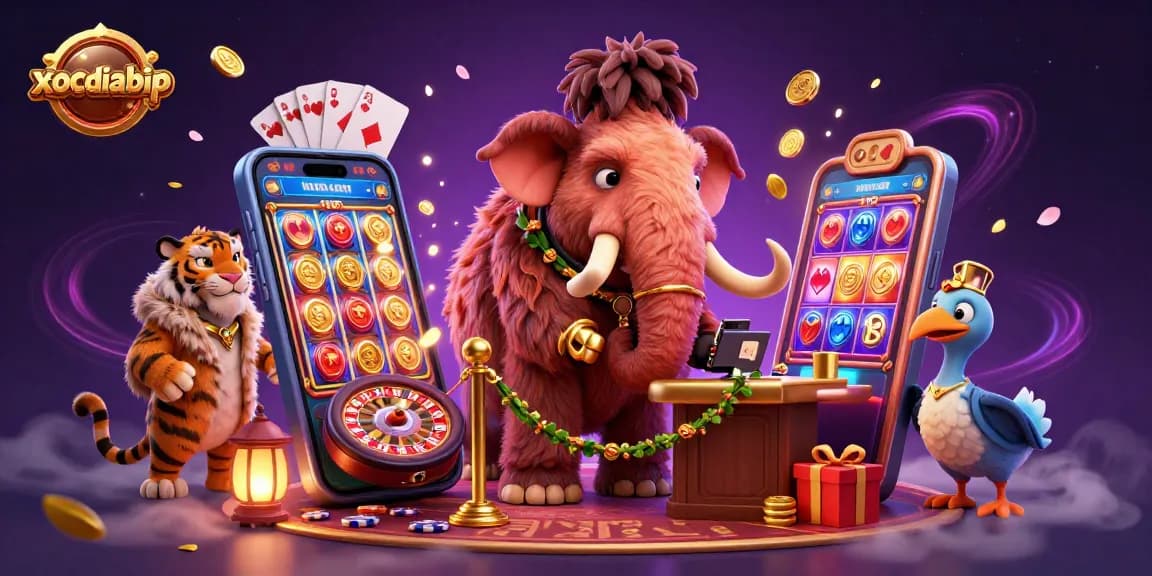 xocdiabip features a vibrant casino scene with a woolly mammoth bouncer reviewing IDs.