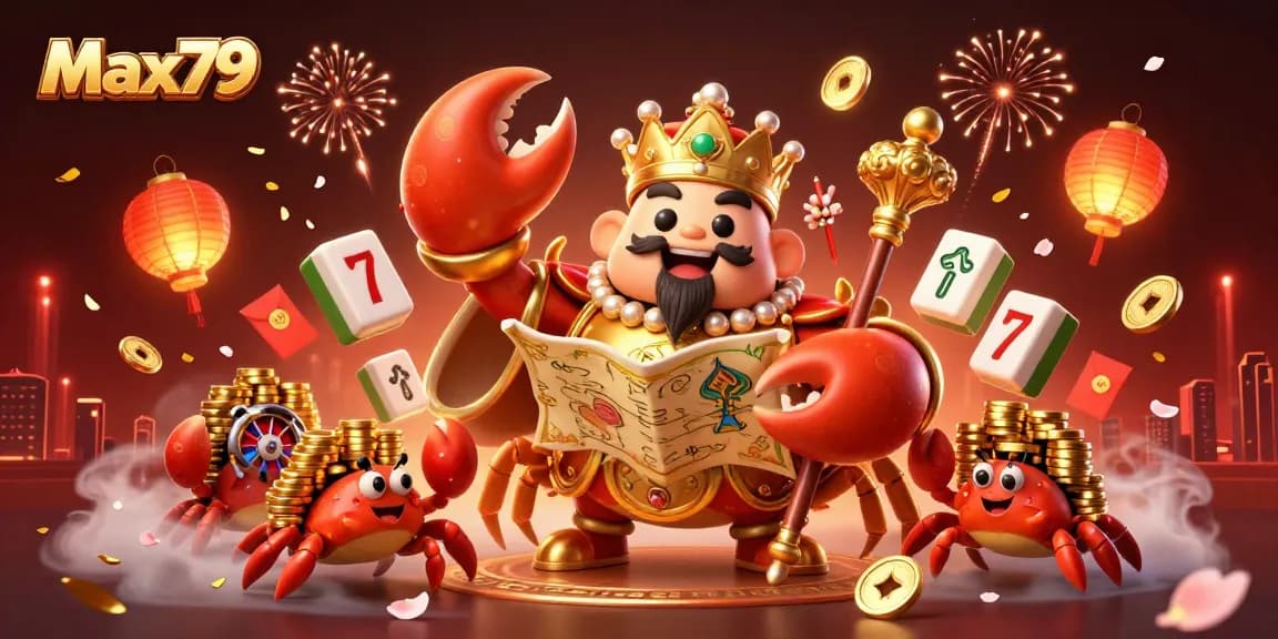 Experience Max79 through an engaging casino scene featuring a golden crab emperor in a vibrant atmosphere with slot reels.