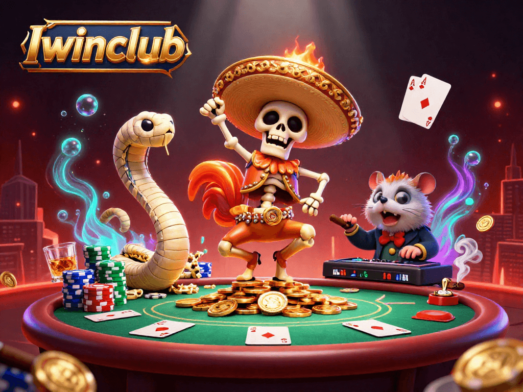 Iwinclub features a playful scene with vibrant casino characters and poker elements.