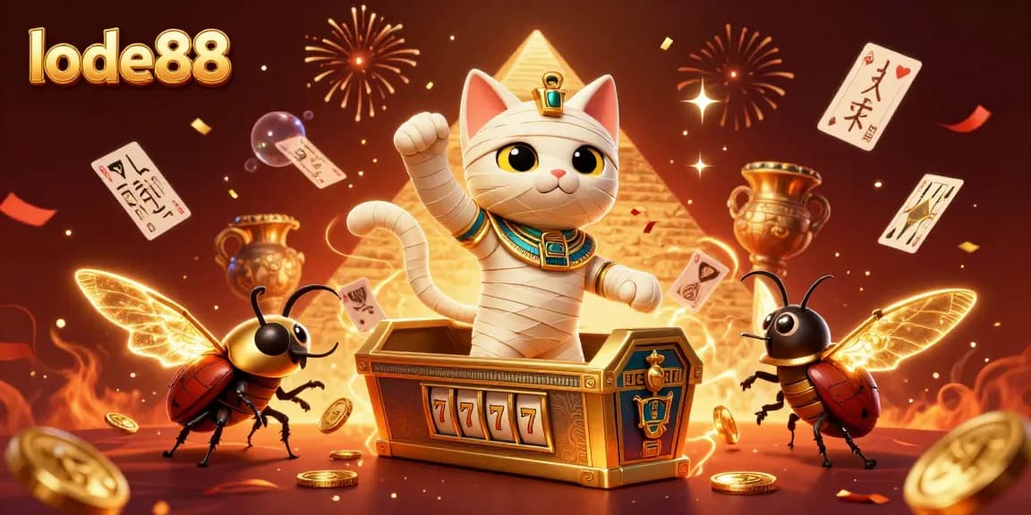 Experience thrilling gameplay with lode88 as an Egyptian mummy cat emerges in a lively casino scene.