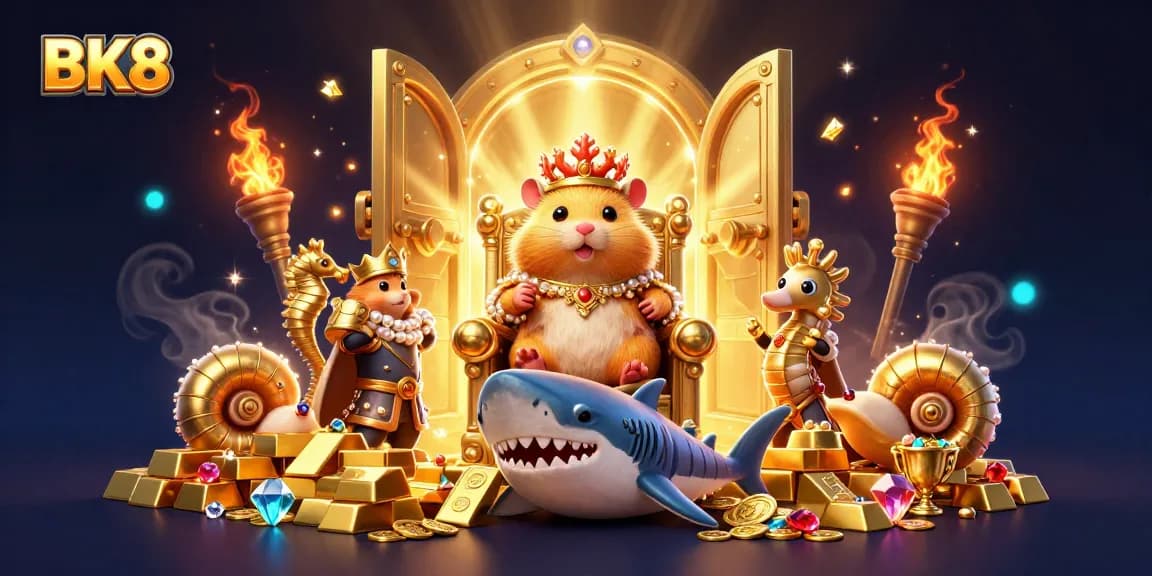 Experience BK8's dynamic golden hamster king surrounded by treasure in a vibrant casino setting.