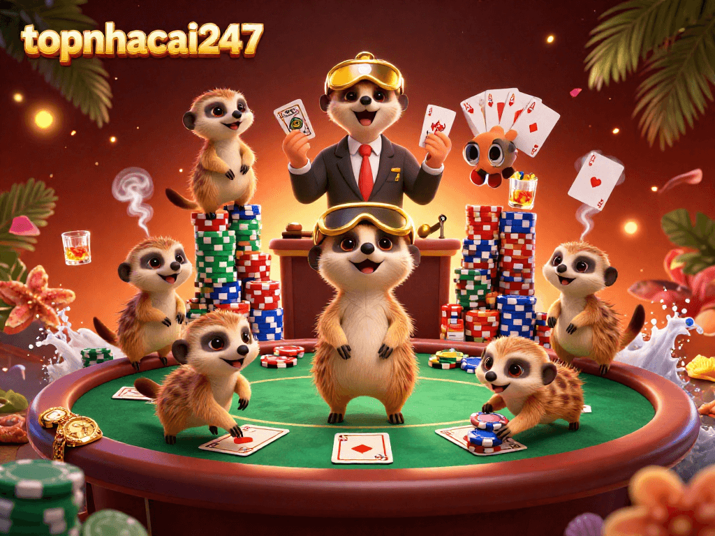 The meerkats of topnhacai247 manage a vibrant casino, showcasing a packed gaming scene full of action.