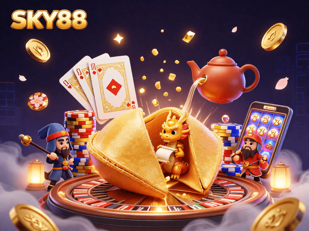 Engage with SKY88's thrilling casino experience featuring a golden fortune cookie and gem-filled gameplay elements.
