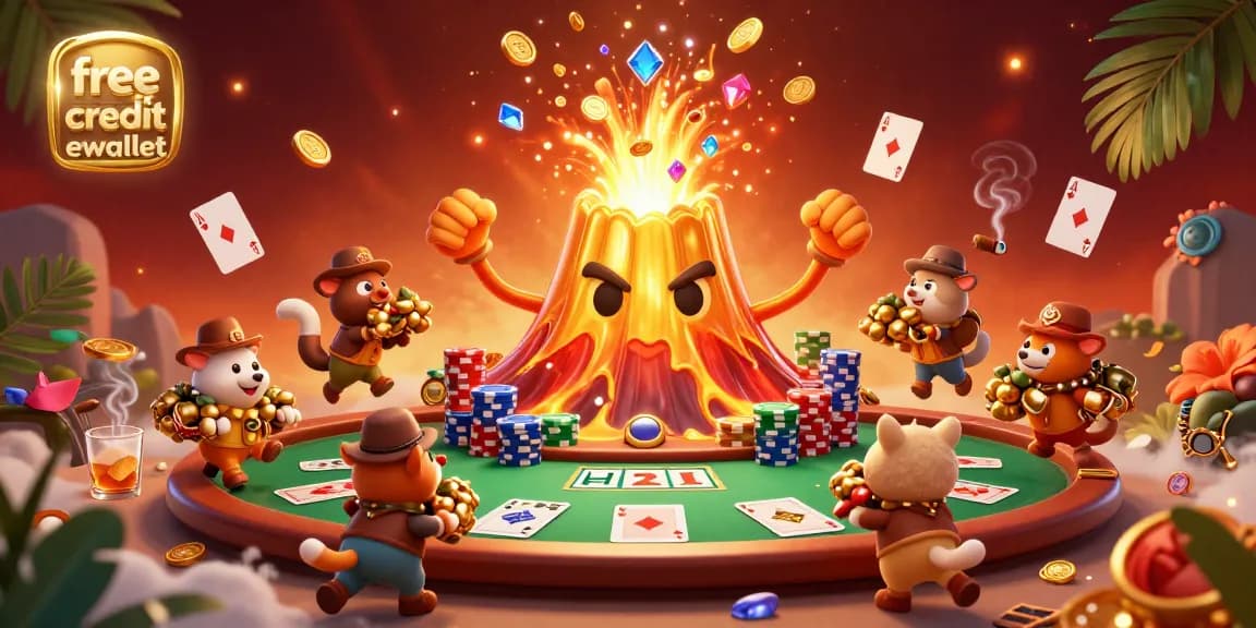 Experience the thrill of free credit ewallet with a vibrant 3D gaming scene featuring poker elements and treasures.
