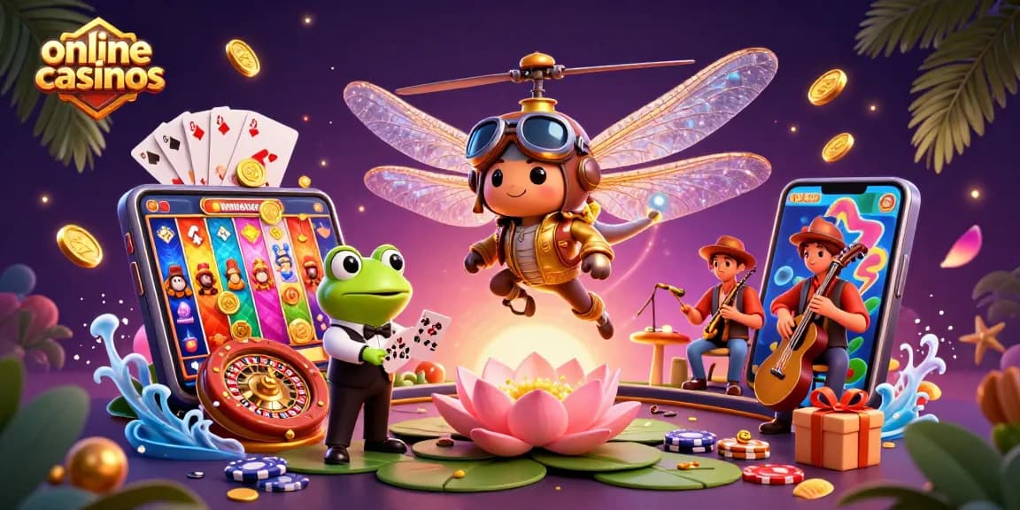 Experience online casinos with a vibrant 3D scene showcasing slot games and lively characters.