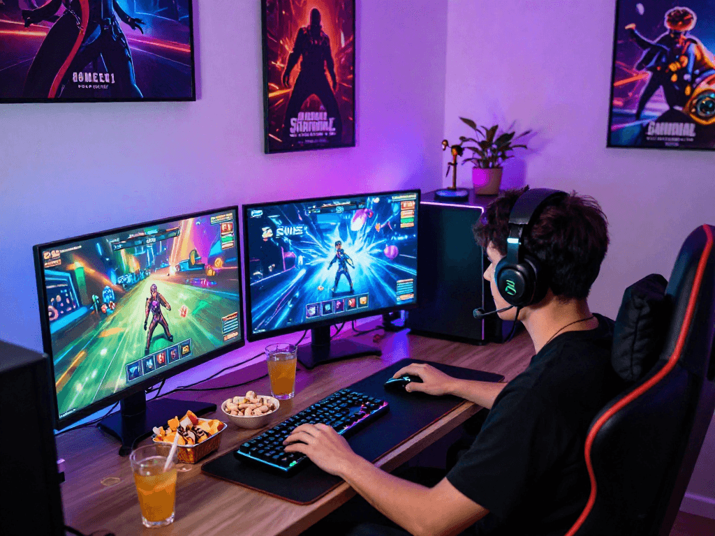 Exciting scene of a gamer playing porn games on multiple screens with vibrant RGB lighting, showcasing a modern gaming setup.