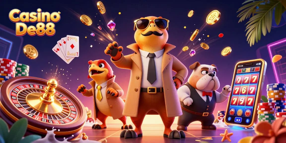 Experience the thrill of Casino De88 with vibrant gaming elements and entertaining characters.