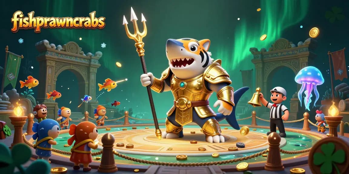 Engaging fishprawncrabs scene with a tiger shark in gladiator armor battling in an underwater arena.