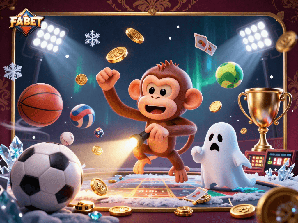 FABET sports betting scene featuring a playful monkey and a curious puppy amidst dynamic game elements.
