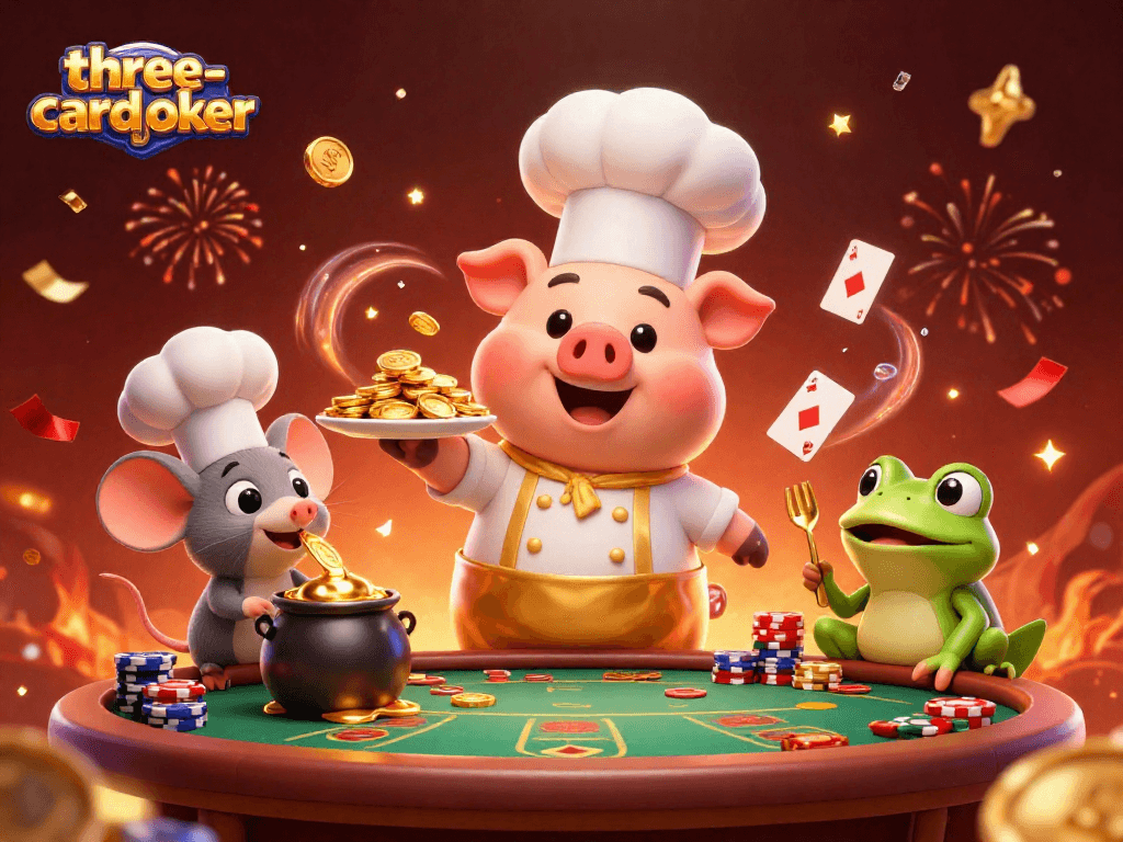 Experience exciting three-card-poker action with animated characters enjoying gold coins and casino elements.
