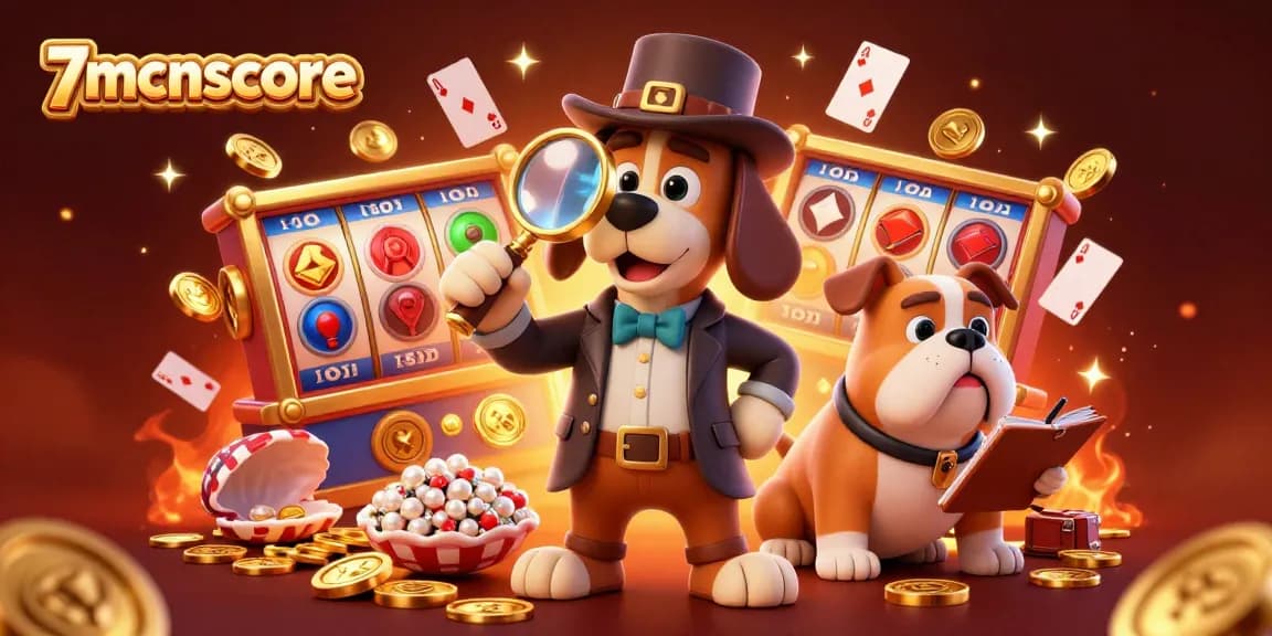 Engage with 7mcnscore's vibrant casino adventure, featuring a detective and bulldog among slots and golden treasure.