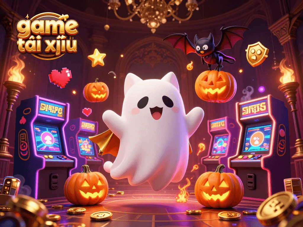 Experience the thrill of game tài xỉu with a ghost cat and whimsical elements in a haunted casino.