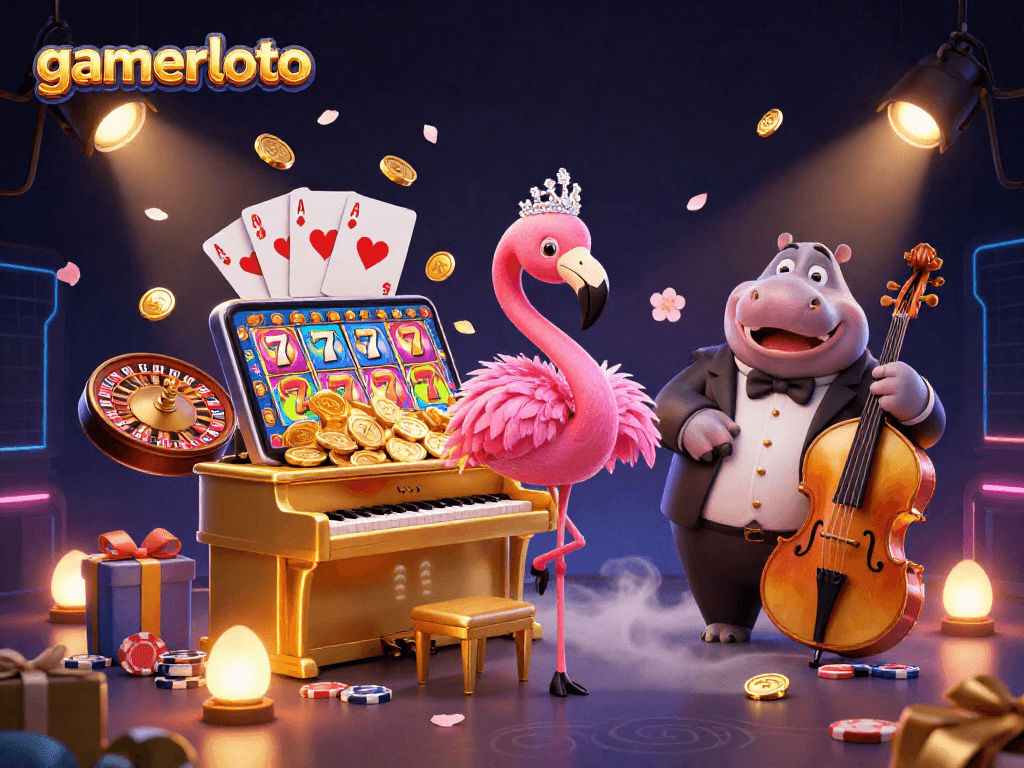 Experience the vibrant casino scene with gamerloto's flamingo singer and poker elements.