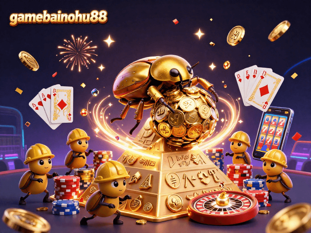 Spin to win with gamebainohu88, showcasing a golden dung beetle among casino riches.
