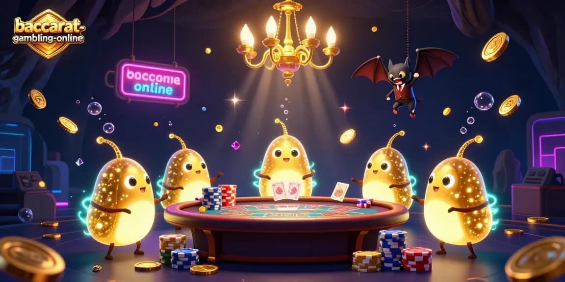 Baccarat-gambling-online: Experience the thrilling ambiance of a glowing cave casino illuminated by glowworms and a bat dealer.