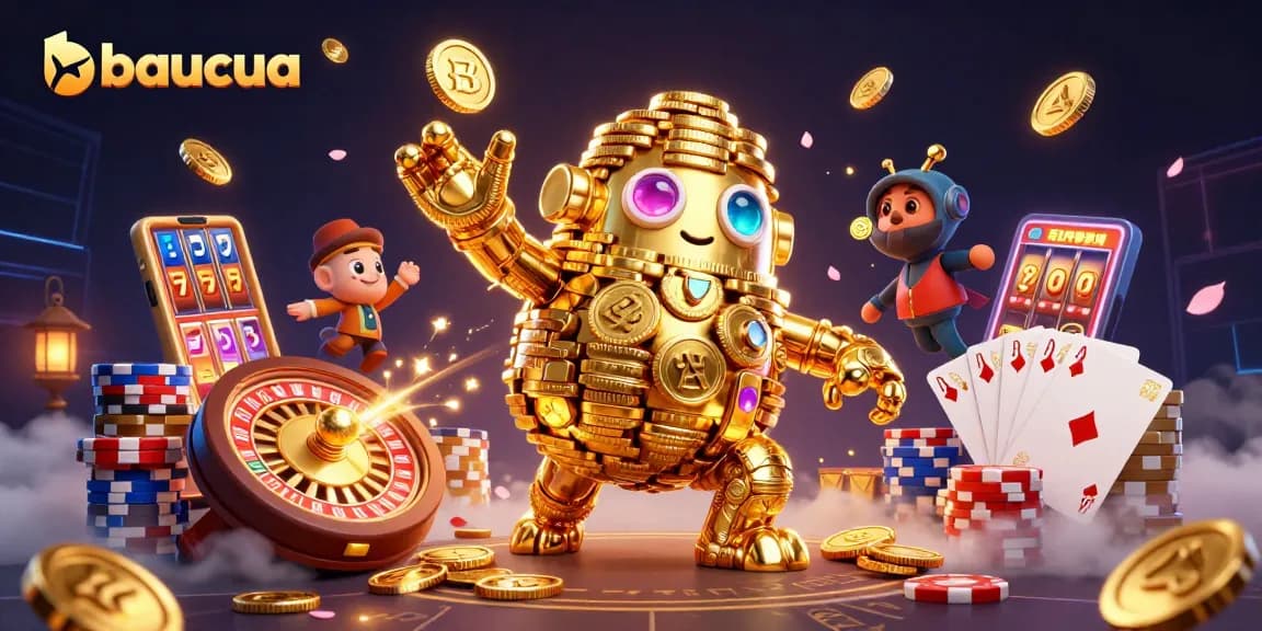 Experience the thrill of baucua with vibrant gold coins and 3D elements in this dynamic casino scene.