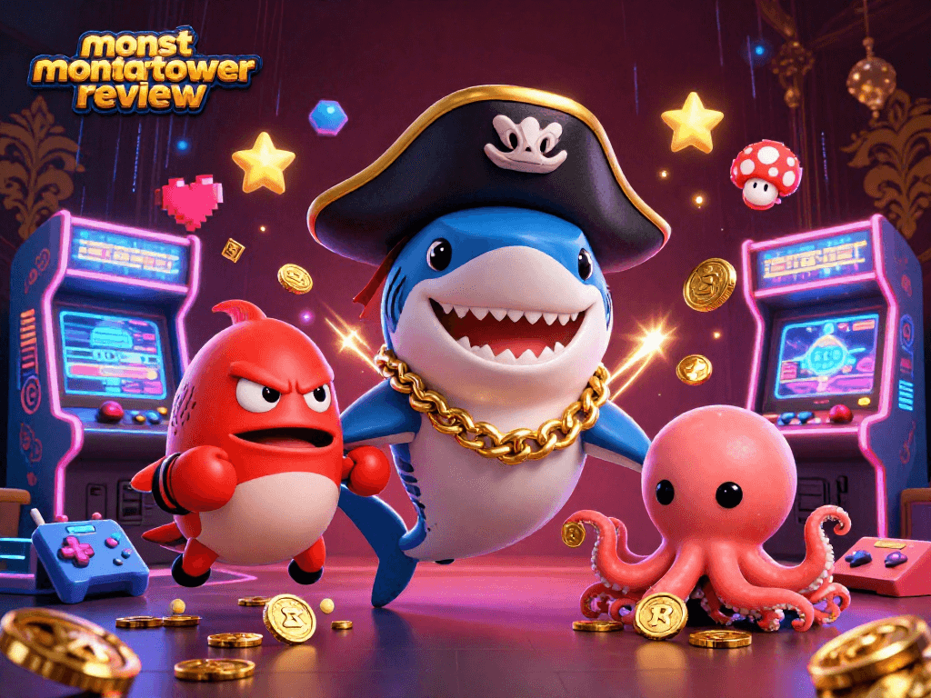 Engage with the dynamic fun of monstertowerreview featuring a pirate shark, pufferfish, and octopus amidst colorful casino game elements.