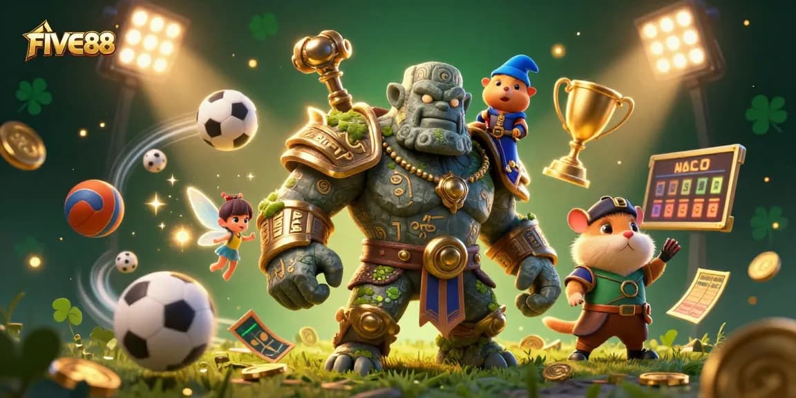 Experience the excitement of FIVE88 with a dynamic scene of a golem guardian and companions amidst thrilling sports betting elements.