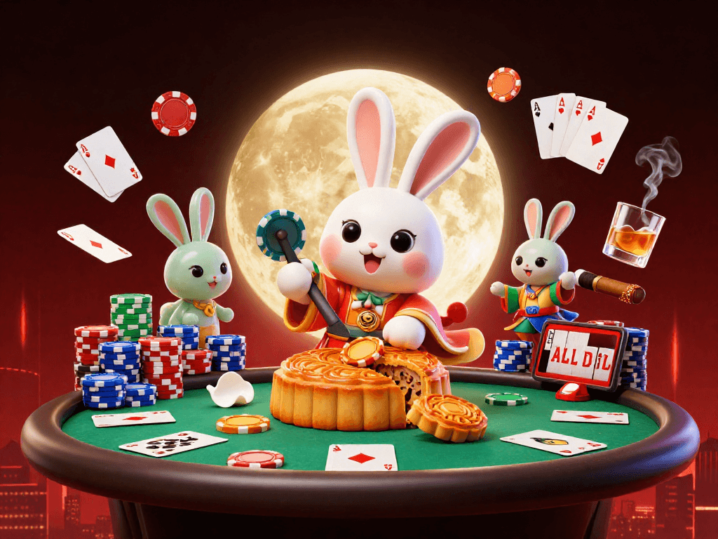 Hit club themed illustration with a moon rabbit and poker elements, showcasing festive gambling excitement.