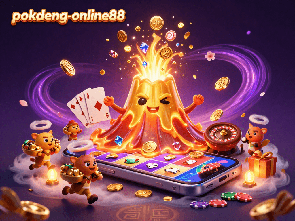 Experience treasure hunting with pokdeng-online88 in this dynamic 3D casino scene featuring a golden volcano.