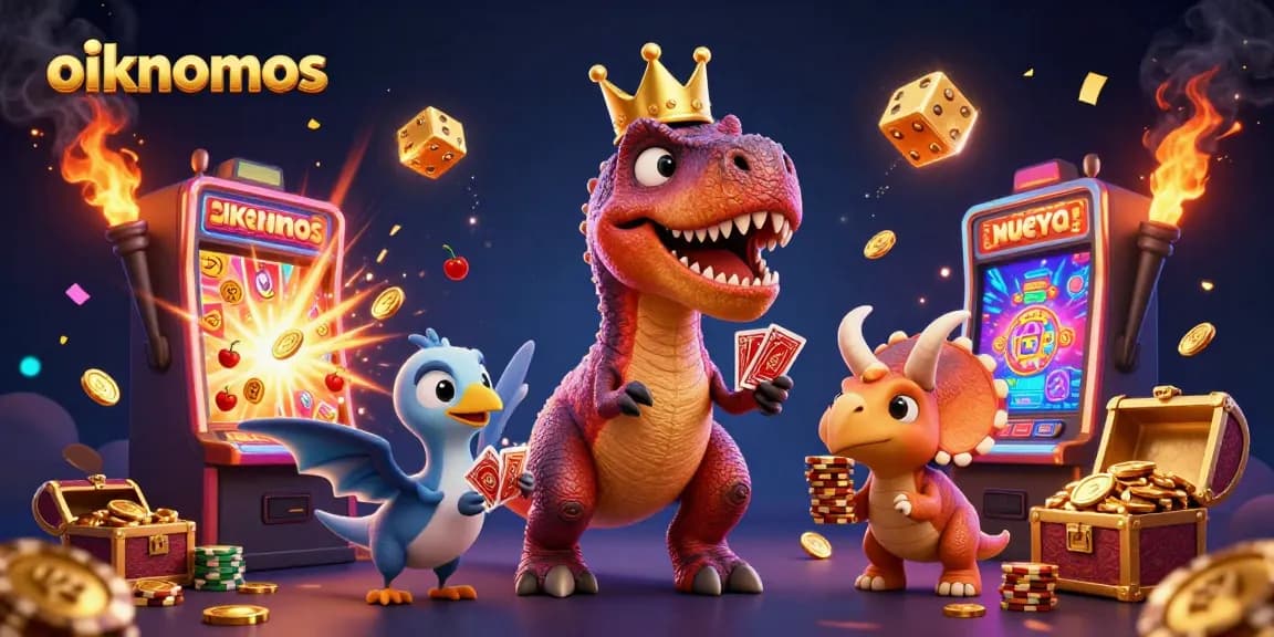 oikonomos showcases a thrilling casino scene with colorful characters and vibrant gaming elements.