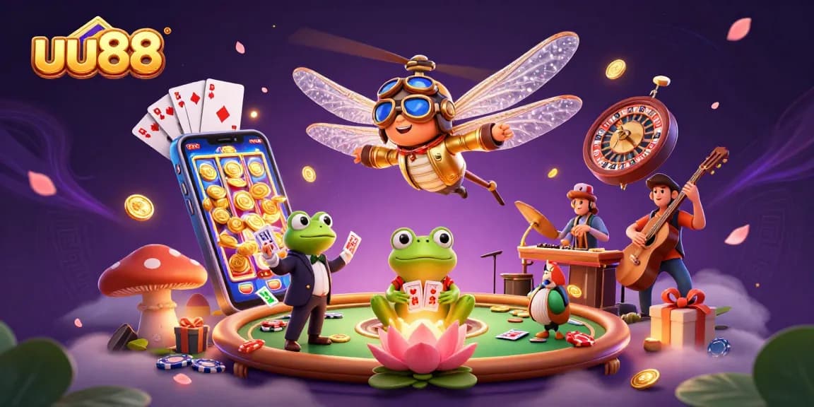 Play exciting games at uu88 with a vibrant casino scene featuring jazzy entertainment and winning elements.