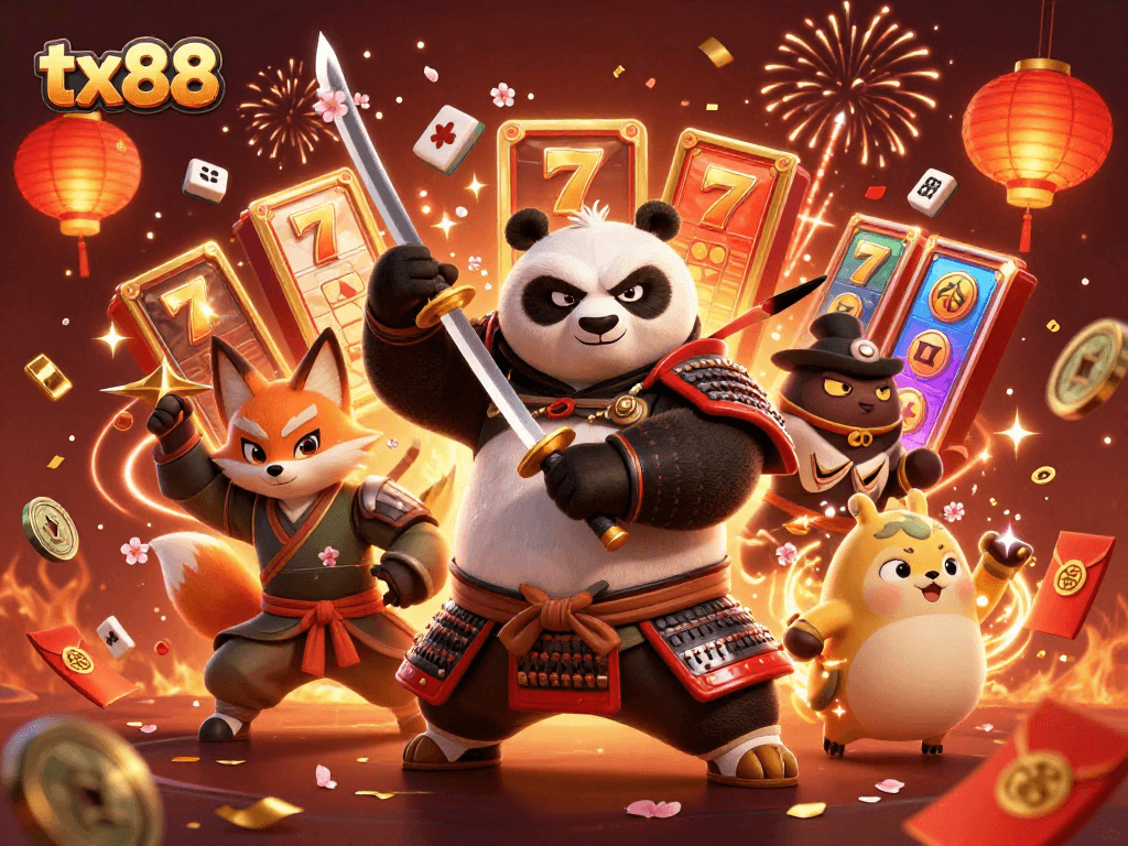 tx88 slots action featuring samurai panda and ninja fox in a vibrant casino setting
