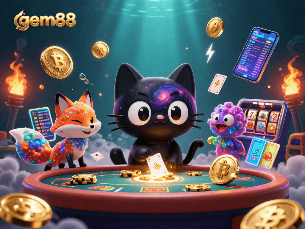 Experience the cosmic thrill of gem88 as the black hole cat gathers golden chips in a vibrant casino.